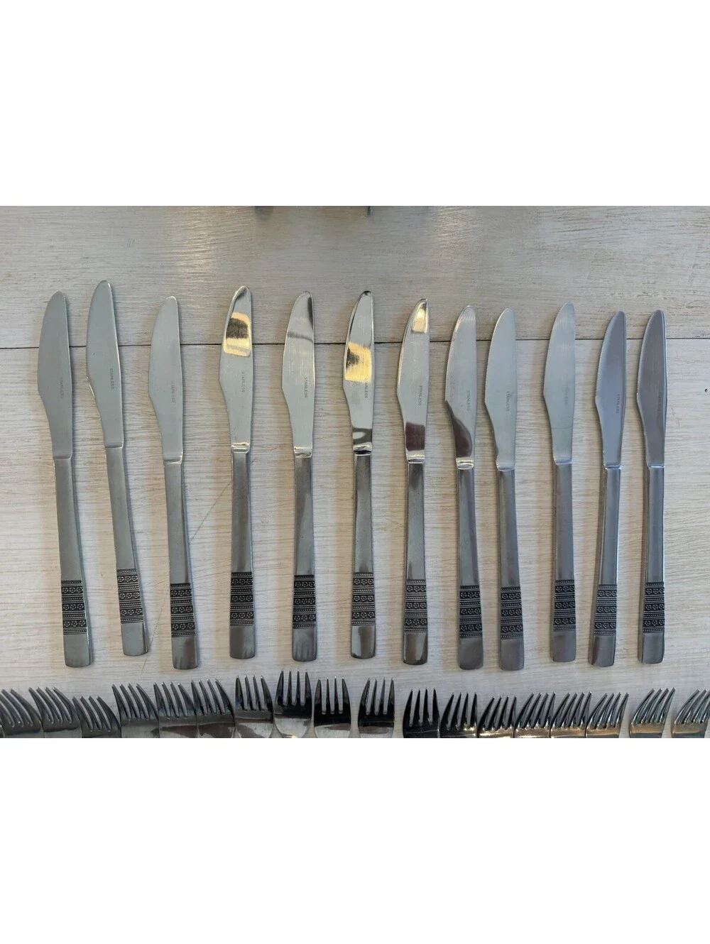 Vtg MCM Imperial International Stainless Steel Flatware Floral Band 60 Pcs Rare